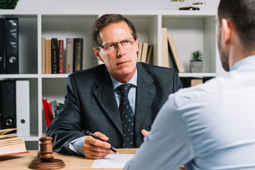 Lawyer in a dark suit and glasses discusses a document with a client across a wooden desk, a gavel nearby.