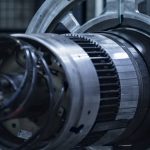 Close-up of a large industrial turbine/jet engine shaft with metallic rings and wiring in a maintenance setting.