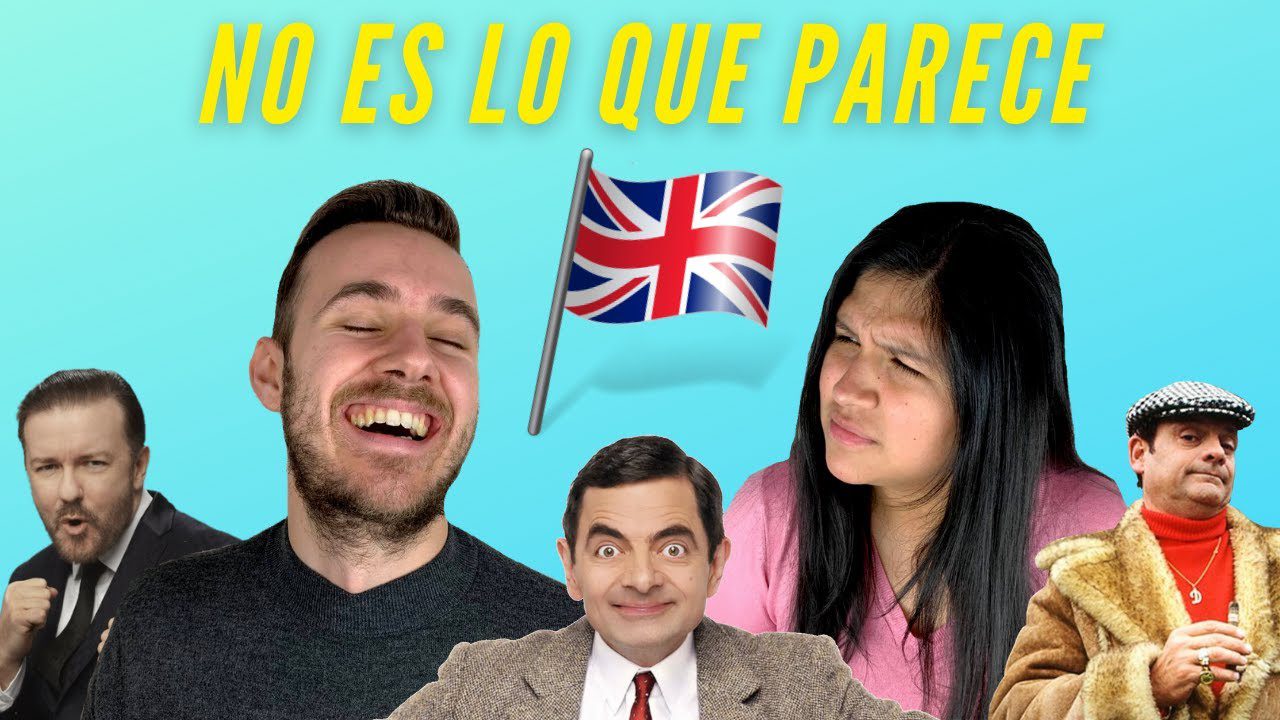 Collage of five people against a blue background with the phrase 'NO ES LO QUE PARECE'; a smiling man center-left, a puzzled woman to the right, two men in suits, and a man in a tan coat on the far right; a UK flag between them.