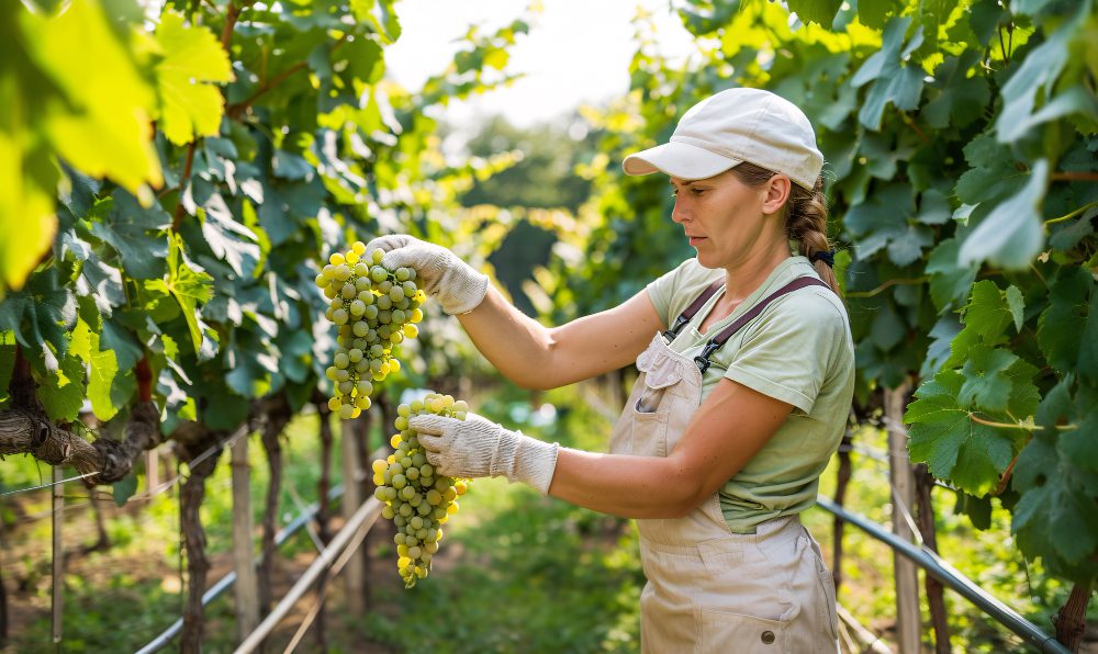 782244 - Revista Enólogos | CR Diario Woman wearing a cap and gloves harvests a bunch of green grapes in a sunlit vineyard.