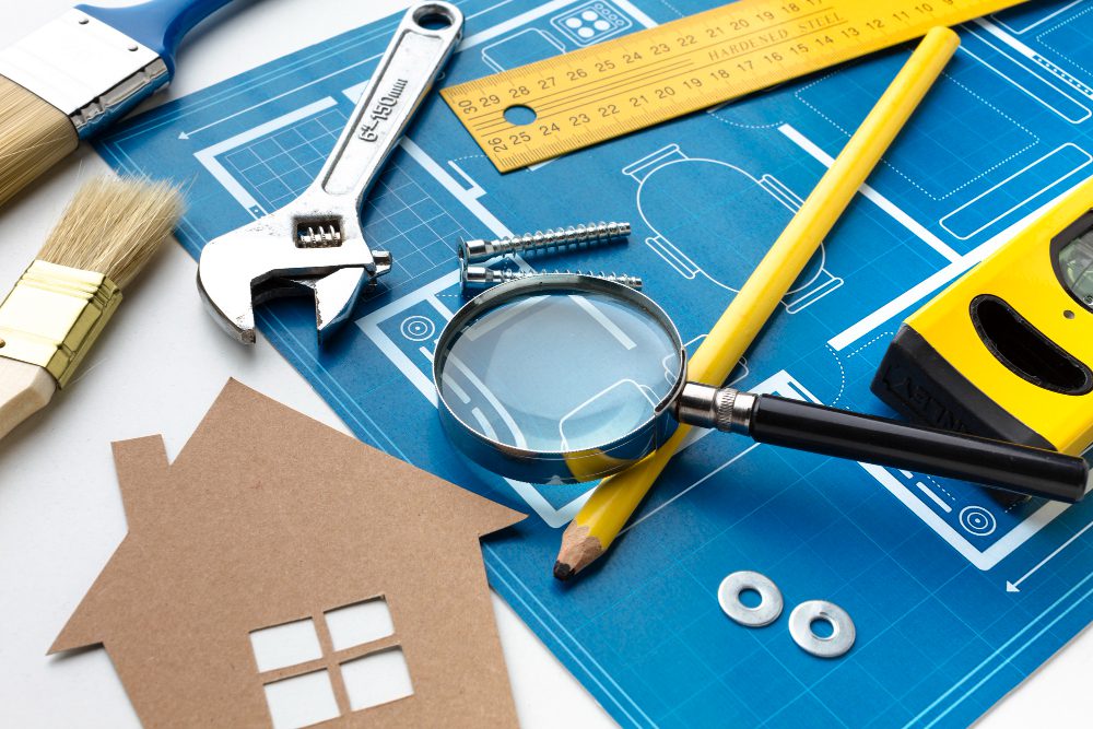 Architectural blueprint with a pencil, magnifying glass, wrench, and measuring tools on a desk