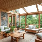 Interior of a modern living room with wooden furniture and garden view | CR Diario Sunlit wooden sunroom with glass walls, cozy seating, and potted plants on wood furniture overlooking greenery