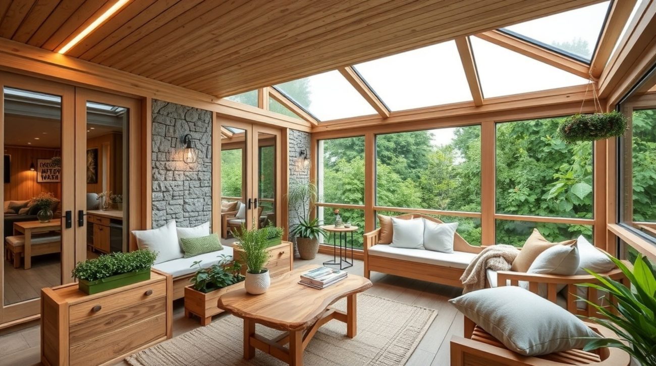 Sunlit wooden sunroom with glass walls, cozy seating, and potted plants on wood furniture overlooking greenery