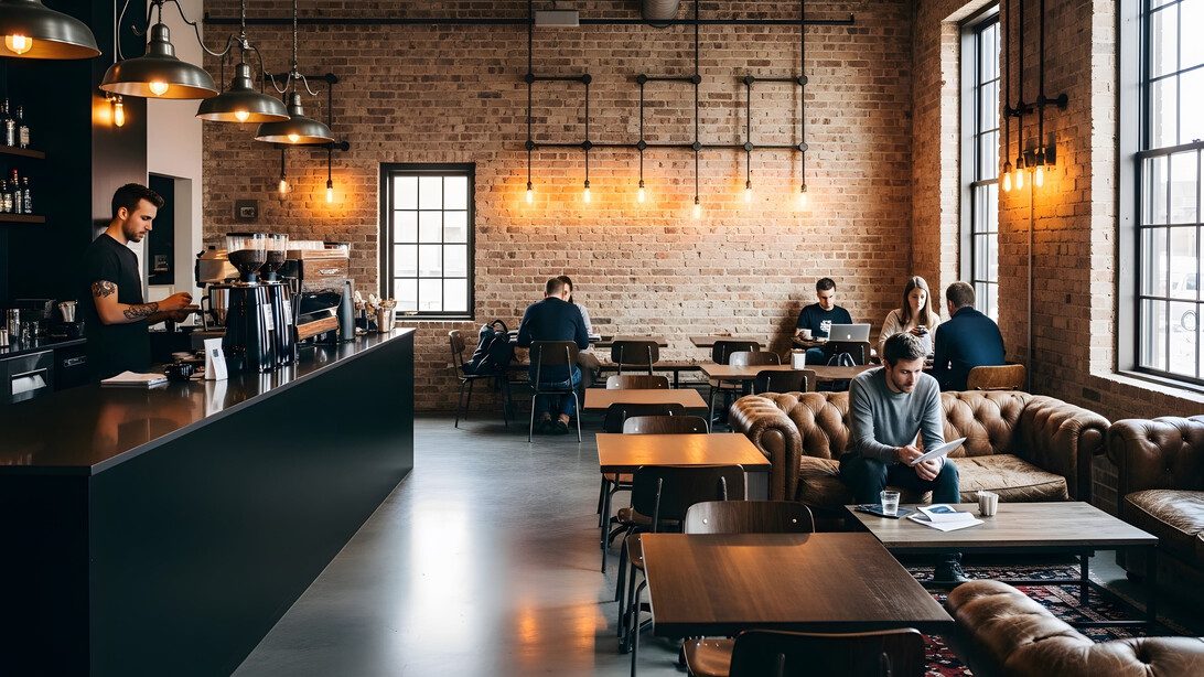 Group of business people having a meeting in a modern coffee shop | CR Diario Industrial-style cafe with brick walls and warm pendant lights; barista near the counter while customers work on laptops and read papers.