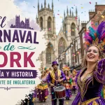 Banner promoting El Carnaval de York with colorful lettering and a parade scene with confetti.