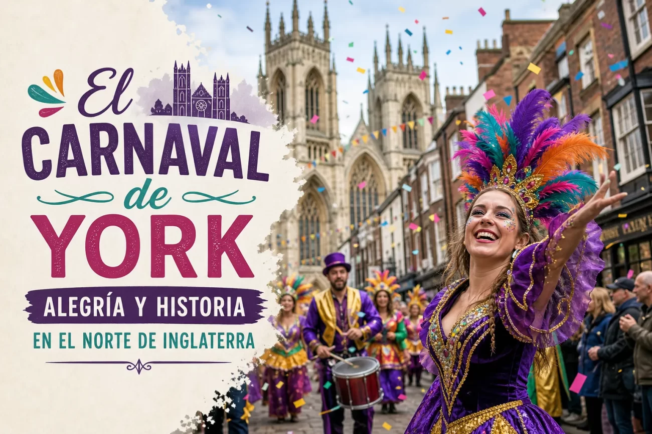 Banner promoting El Carnaval de York with colorful lettering and a parade scene with confetti.